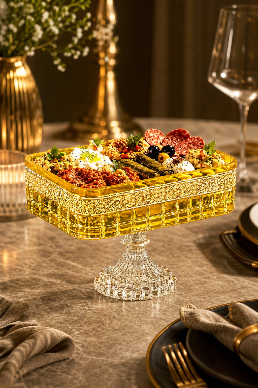 Kesme Kristal Baton Sunum Kasesi 12x24 cm - Cleopatra Desen Dekoratif Sofra Kasesi, 1 Adet