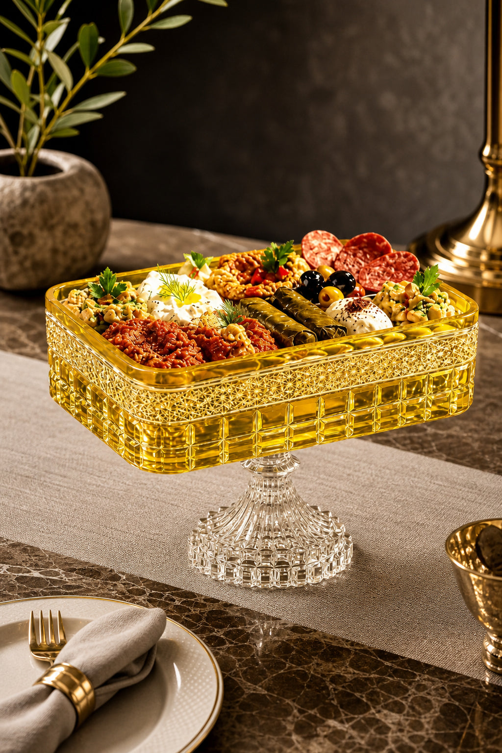 Kesme Kristal Baton Sunum Kasesi 12x24 cm - Cleopatra Desen Dekoratif Sofra Kasesi, 1 Adet