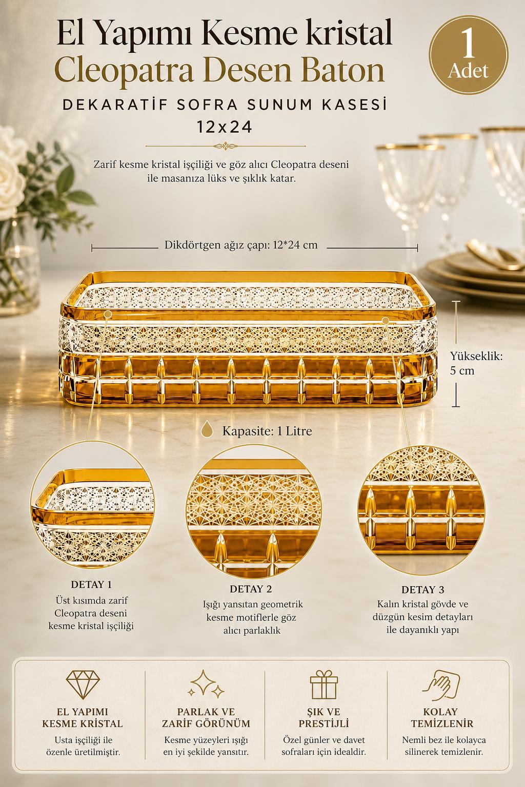 Kesme Kristal Baton Sunum Kasesi 12x24 cm - Cleopatra Desen Dekoratif Sofra Kasesi, 1 Adet