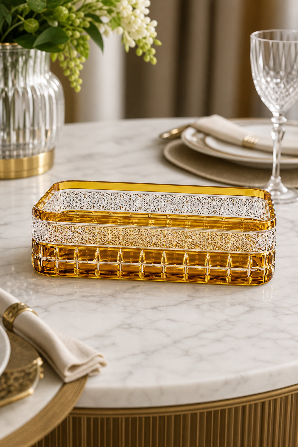 Kesme Kristal Baton Sunum Kasesi 12x24 cm - Cleopatra Desen Dekoratif Sofra Kasesi, 1 Adet
