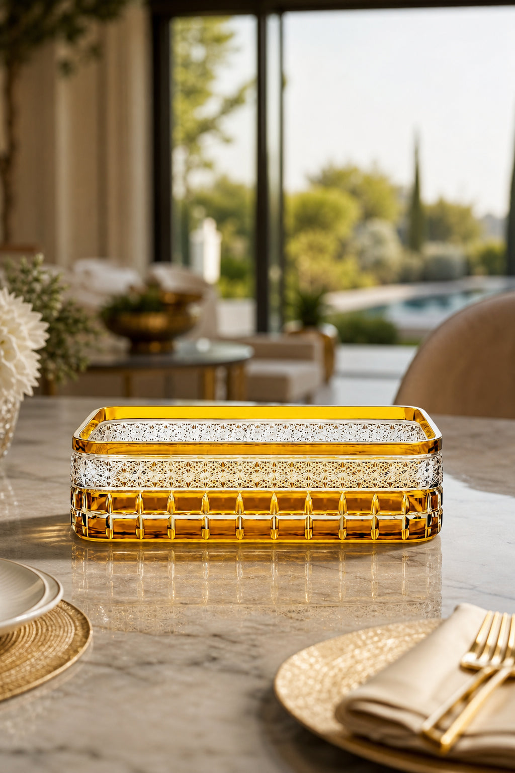 Kesme Kristal Baton Sunum Kasesi 12x24 cm - Cleopatra Desen Dekoratif Sofra Kasesi, 1 Adet