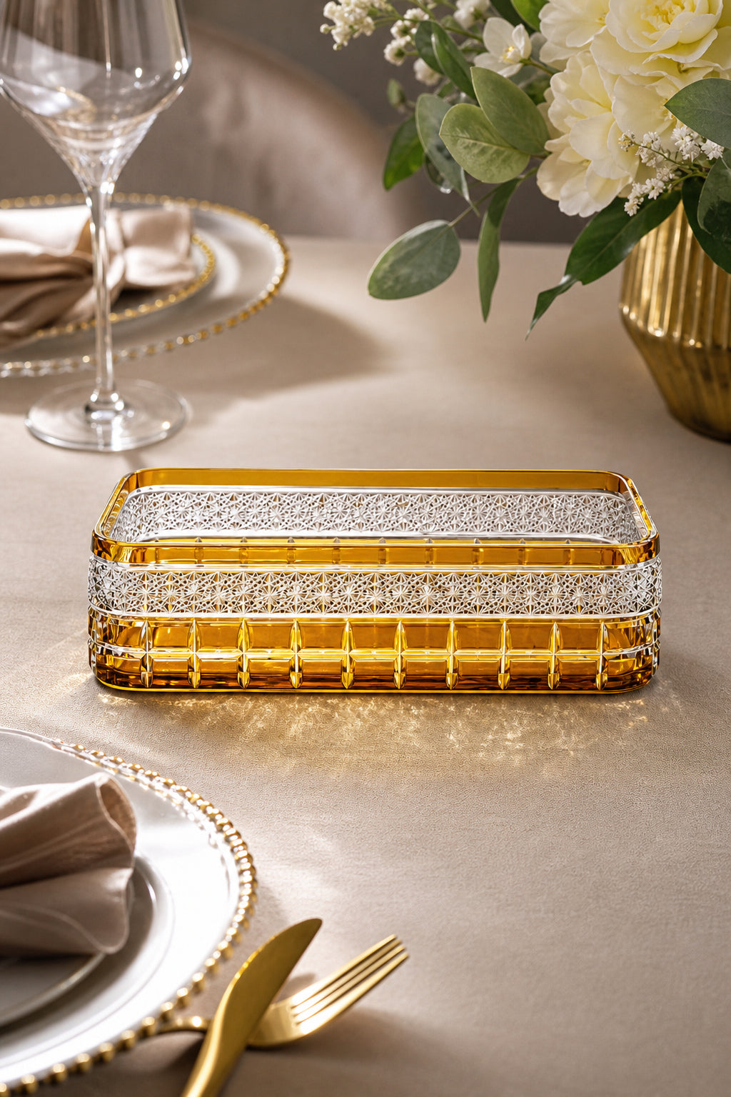 Kesme Kristal Baton Sunum Kasesi 12x24 cm - Cleopatra Desen Dekoratif Sofra Kasesi, 1 Adet