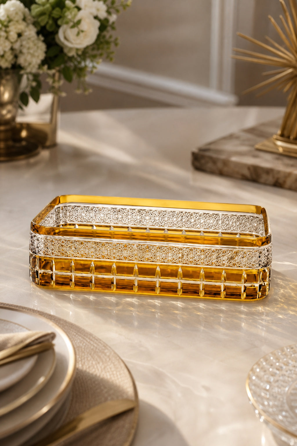 Kesme Kristal Baton Sunum Kasesi 12x24 cm - Cleopatra Desen Dekoratif Sofra Kasesi, 1 Adet