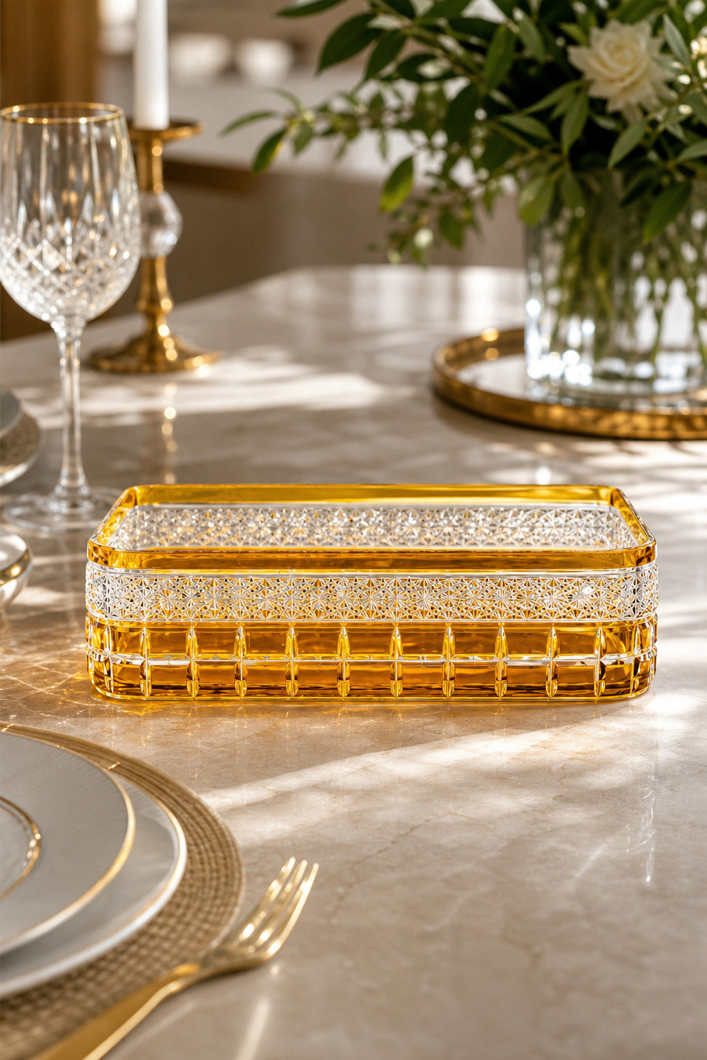 Kesme Kristal Baton Sunum Kasesi 12x24 cm - Cleopatra Desen Dekoratif Sofra Kasesi, 1 Adet