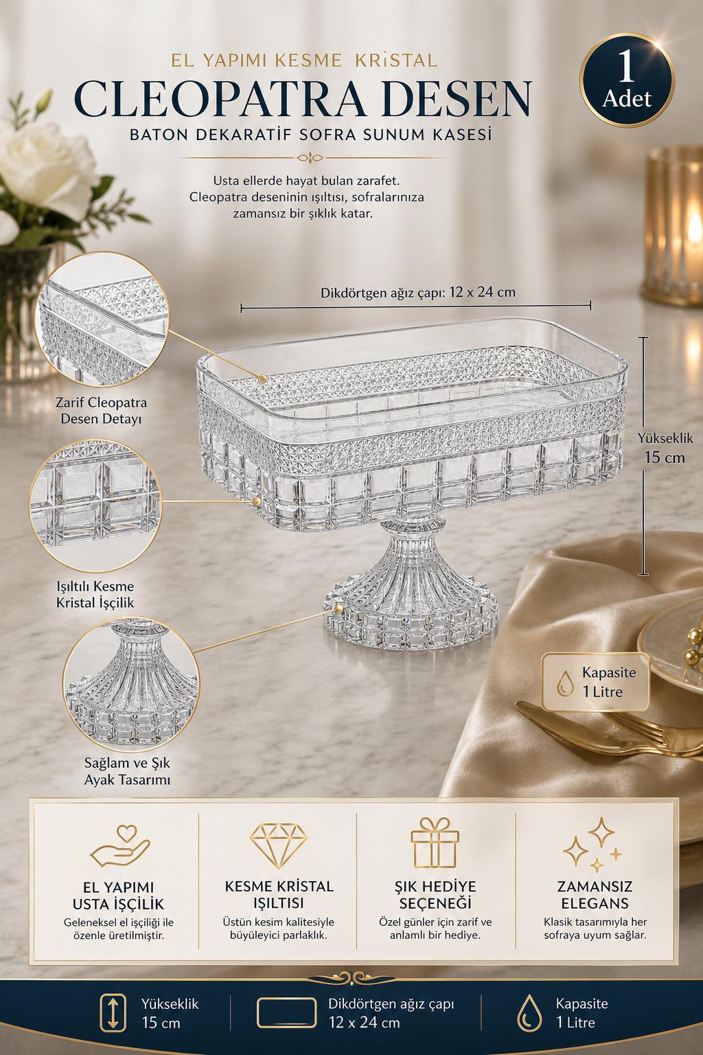 Kesme Kristal Baton Sunum Kasesi 12x24 cm - Cleopatra Desen Dekoratif Sofra Kasesi, 1 Adet