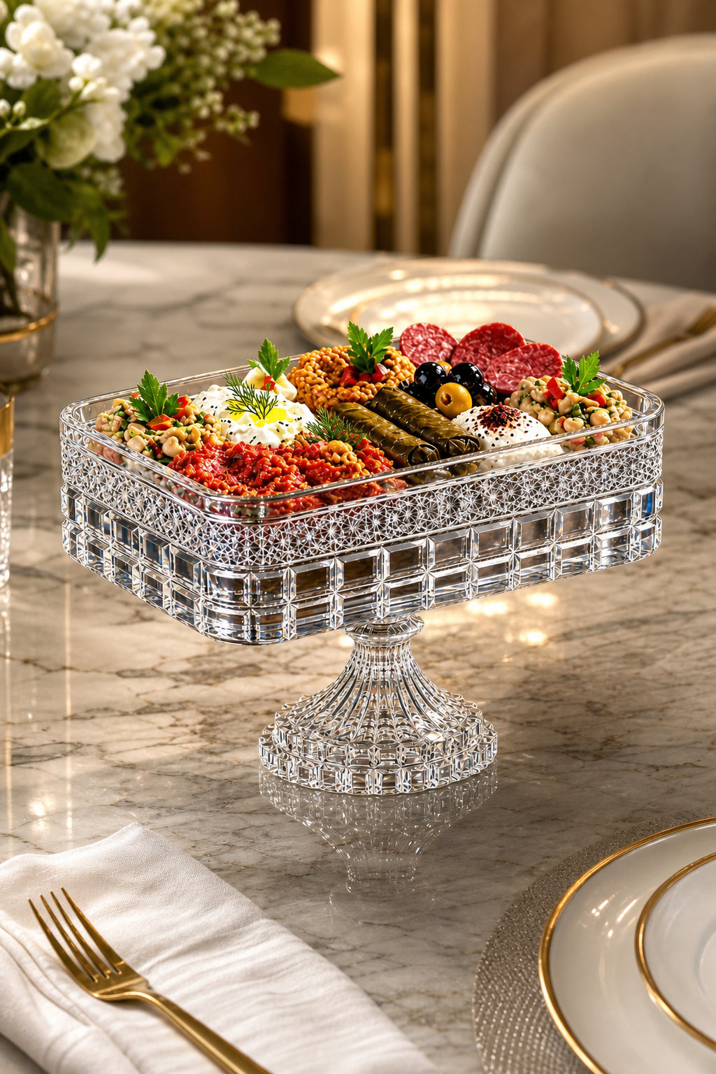 Kesme Kristal Baton Sunum Kasesi 12x24 cm - Cleopatra Desen Dekoratif Sofra Kasesi, 1 Adet