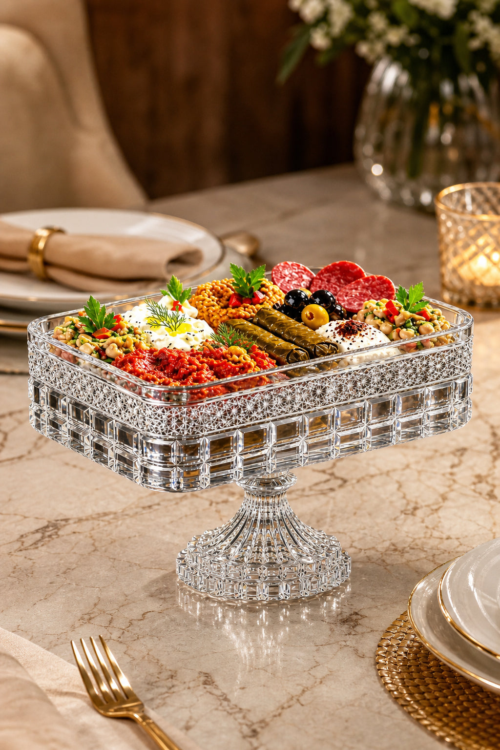 Kesme Kristal Baton Sunum Kasesi 12x24 cm - Cleopatra Desen Dekoratif Sofra Kasesi, 1 Adet