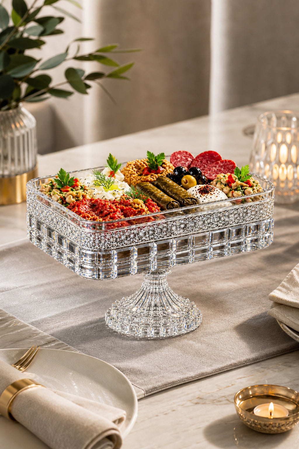 Kesme Kristal Baton Sunum Kasesi 12x24 cm - Cleopatra Desen Dekoratif Sofra Kasesi, 1 Adet