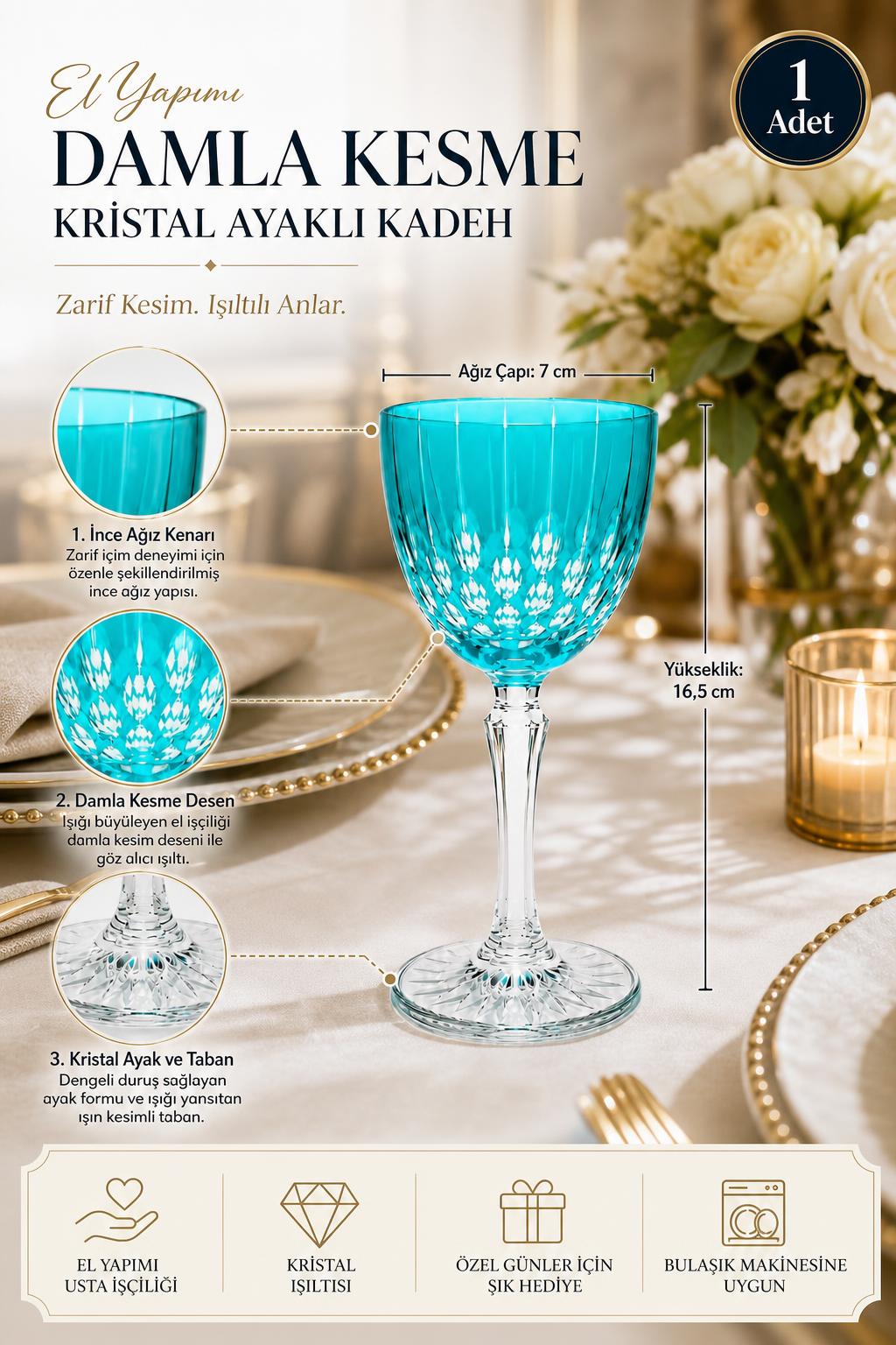 Kesme Kristal Ayaklı Kadeh 165 cc - Damla Desen Lüks Kadeh, 1 Adet