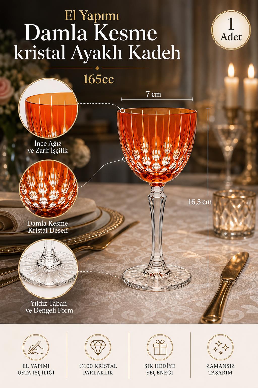 Kesme Kristal Ayaklı Kadeh 165 cc - Damla Desen Lüks Kadeh, 1 Adet