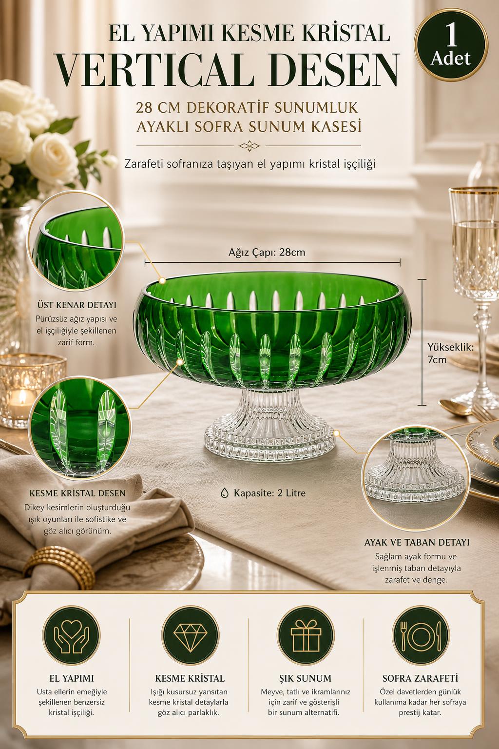 Kesme Kristal Ayaklı Sunum Kasesi 28 cm - Vertical Desen Dekoratif Sofra Kasesi, 1 Adet