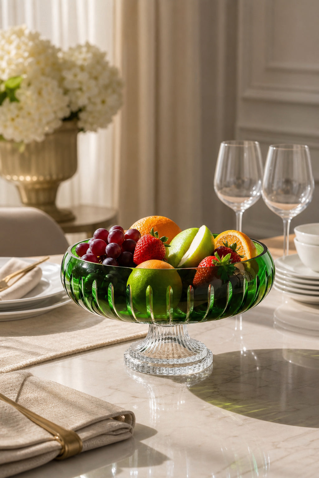Kesme Kristal Ayaklı Sunum Kasesi 28 cm - Vertical Desen Dekoratif Sofra Kasesi, 1 Adet