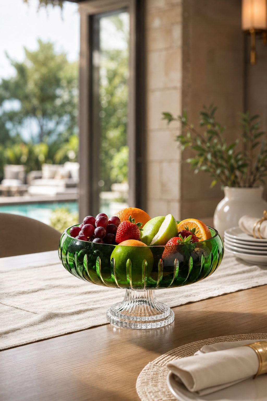 Kesme Kristal Ayaklı Sunum Kasesi 28 cm - Vertical Desen Dekoratif Sofra Kasesi, 1 Adet