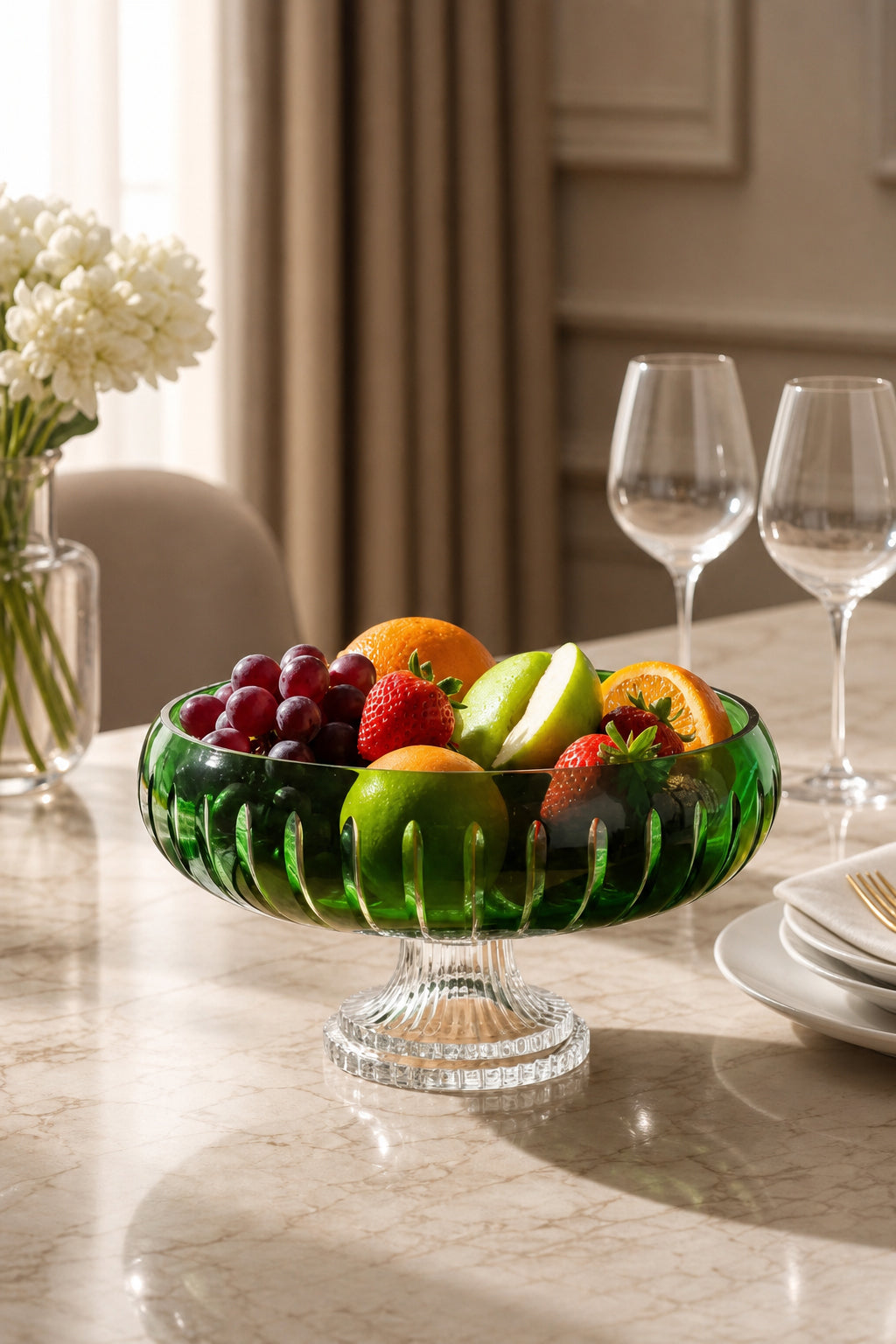 Kesme Kristal Ayaklı Sunum Kasesi 28 cm - Vertical Desen Dekoratif Sofra Kasesi, 1 Adet