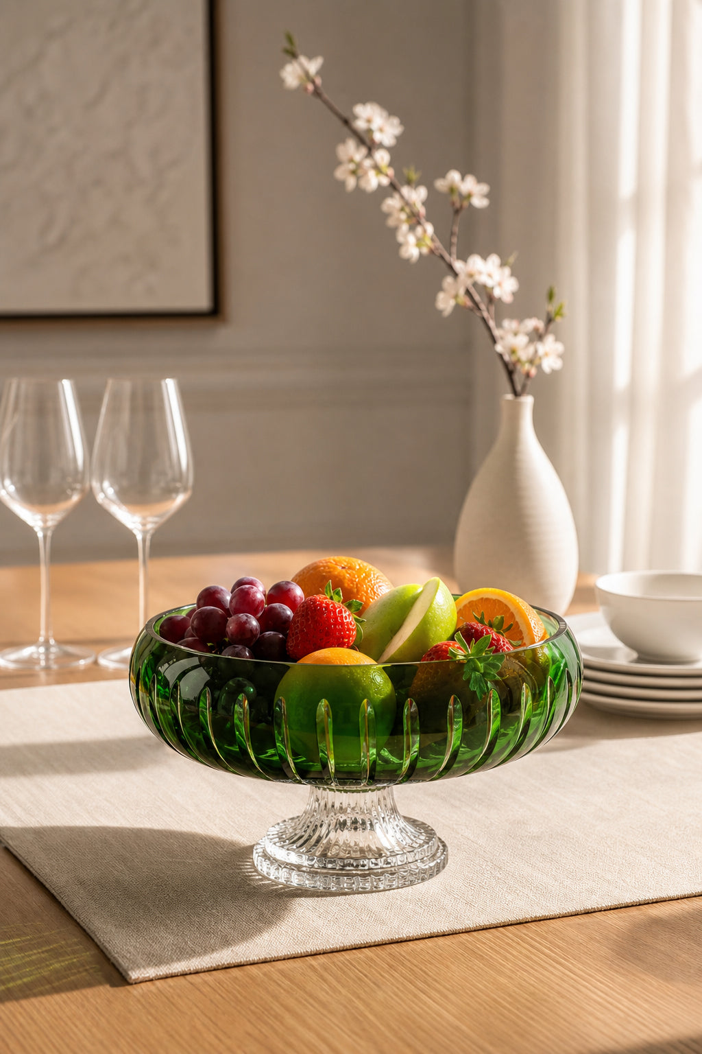 Kesme Kristal Ayaklı Sunum Kasesi 28 cm - Vertical Desen Dekoratif Sofra Kasesi, 1 Adet