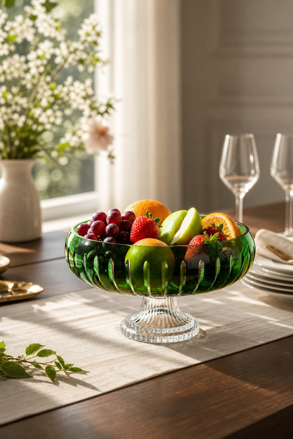 Kesme Kristal Ayaklı Sunum Kasesi 28 cm - Vertical Desen Dekoratif Sofra Kasesi, 1 Adet