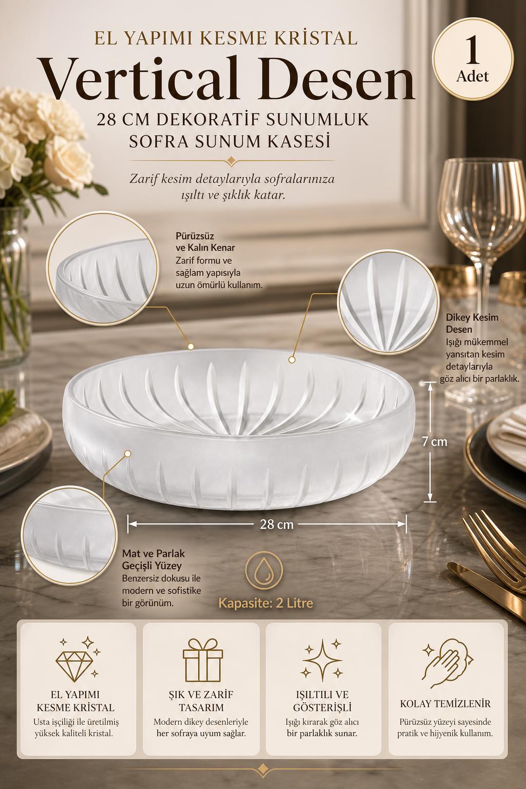 Kesme Kristal Sunum Kasesi 28 cm - Vertical Desen Dekoratif Sofra Kasesi, 1 Adet