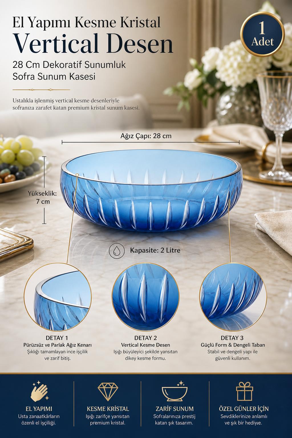 Kesme Kristal Sunum Kasesi 28 cm - Vertical Desen Dekoratif Sofra Kasesi, 1 Adet
