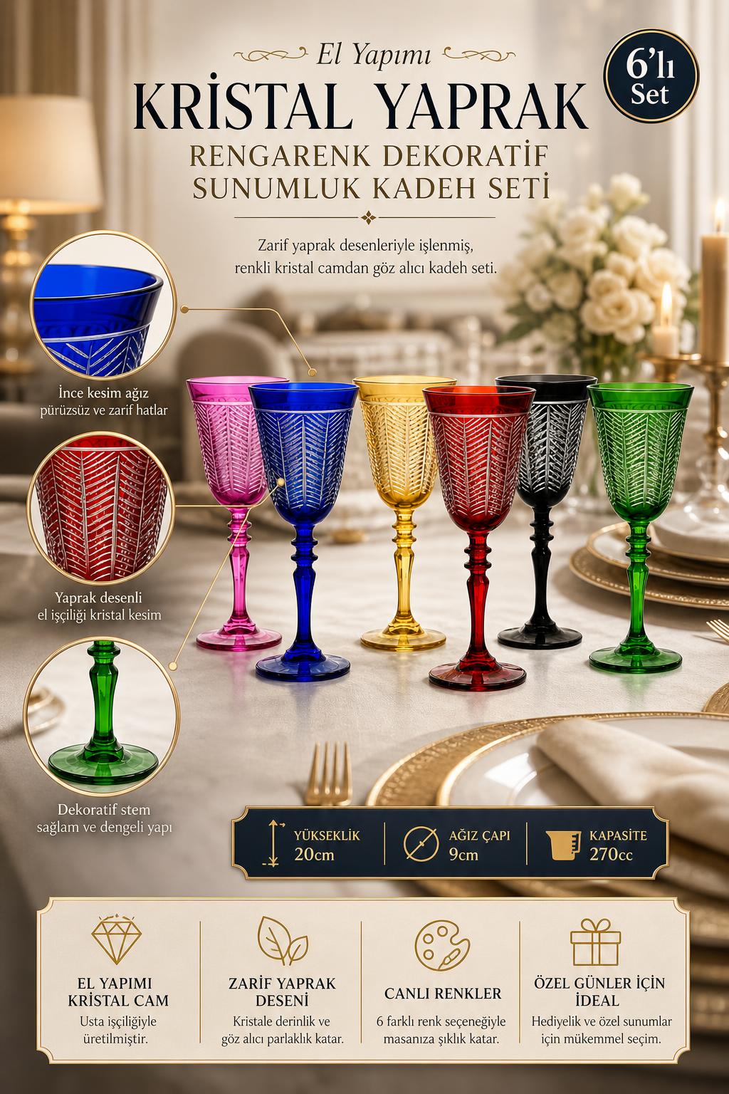 Renkli Kristal Kadeh Seti 6'lı - Yaprak Model Dekoratif Kadeh Takımı, 6 Adet