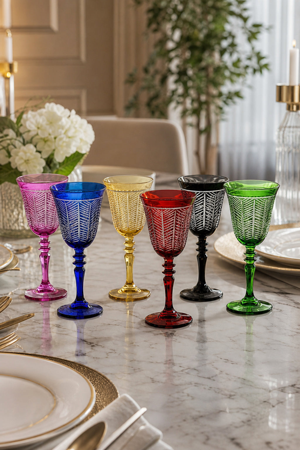 Renkli Kristal Kadeh Seti 6'lı - Yaprak Model Dekoratif Kadeh Takımı, 6 Adet