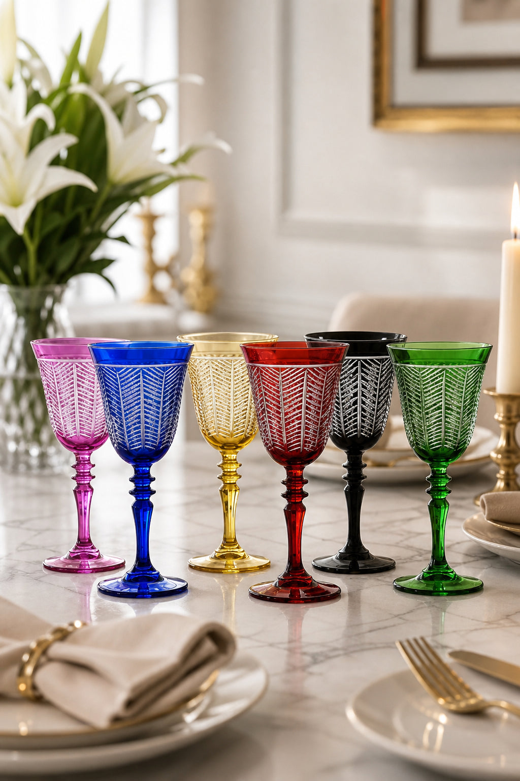 Renkli Kristal Kadeh Seti 6'lı - Yaprak Model Dekoratif Kadeh Takımı, 6 Adet