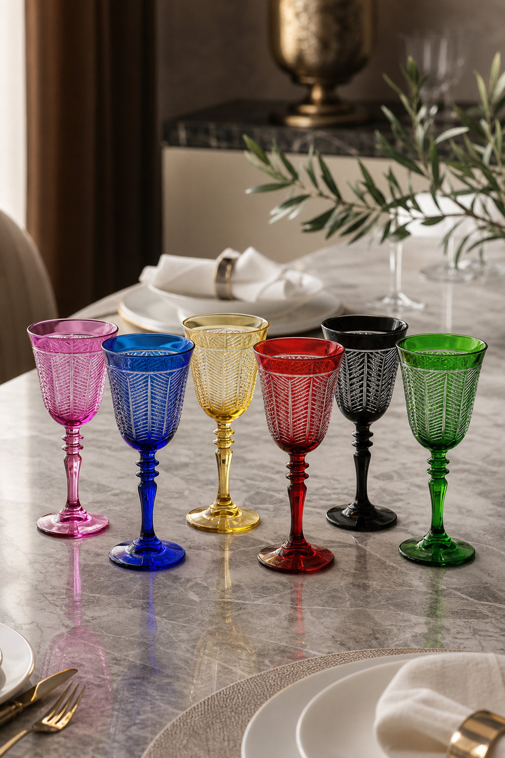 Renkli Kristal Kadeh Seti 6'lı - Yaprak Model Dekoratif Kadeh Takımı, 6 Adet