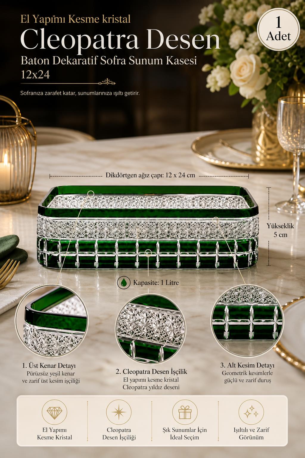 Kesme Kristal Baton Sunum Kasesi 12x24 cm - Cleopatra Desen Dekoratif Sofra Kasesi, 1 Adet
