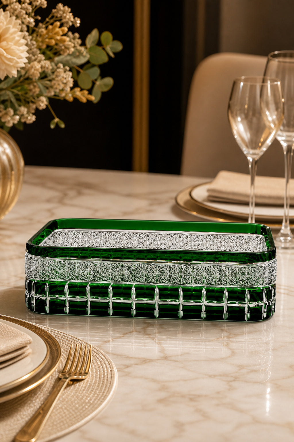 Kesme Kristal Baton Sunum Kasesi 12x24 cm - Cleopatra Desen Dekoratif Sofra Kasesi, 1 Adet