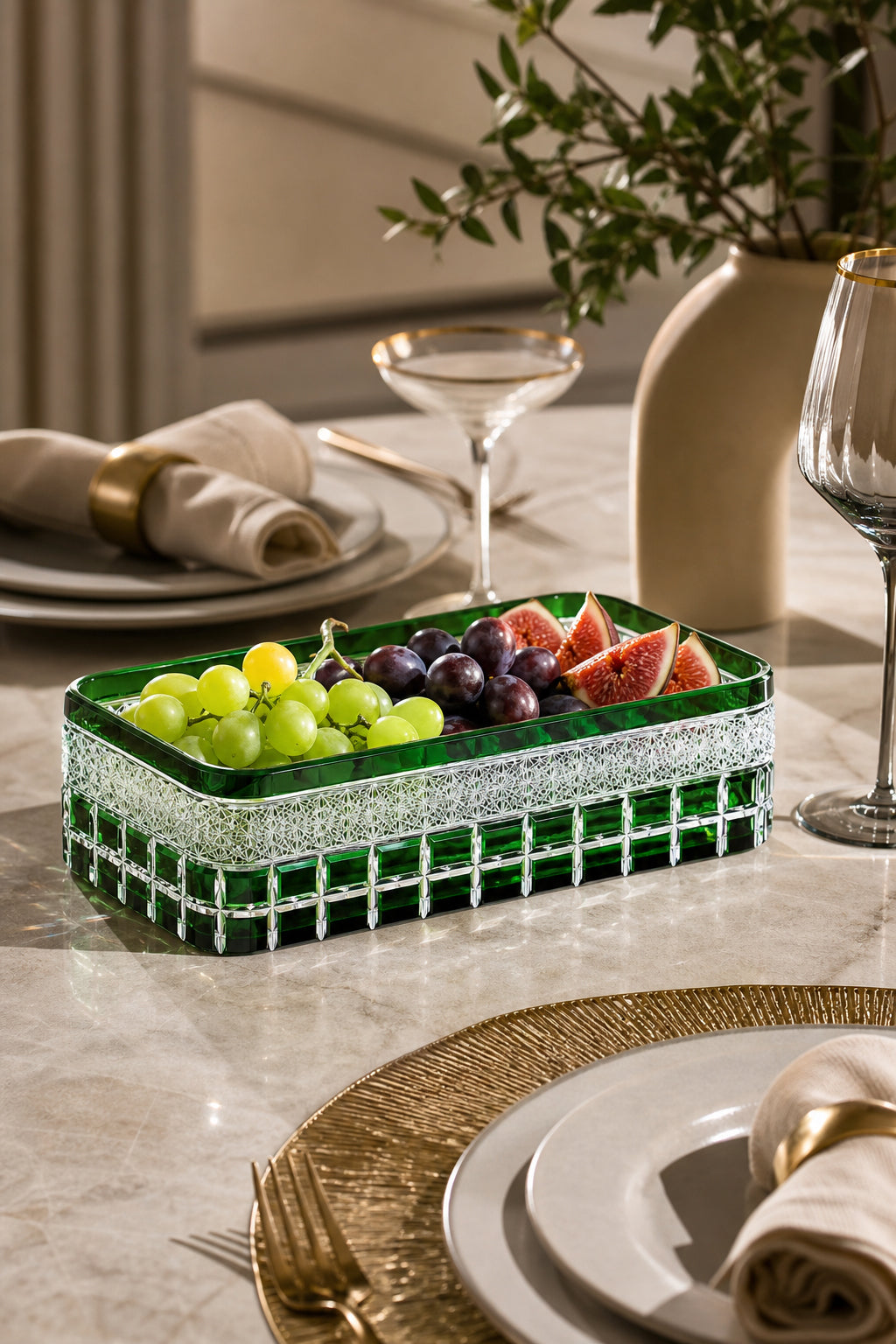Kesme Kristal Baton Sunum Kasesi 12x24 cm - Cleopatra Desen Dekoratif Sofra Kasesi, 1 Adet