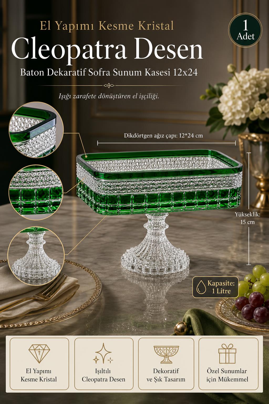Kesme Kristal Baton Sunum Kasesi 12x24 cm - Cleopatra Desen Dekoratif Sofra Kasesi, 1 Adet