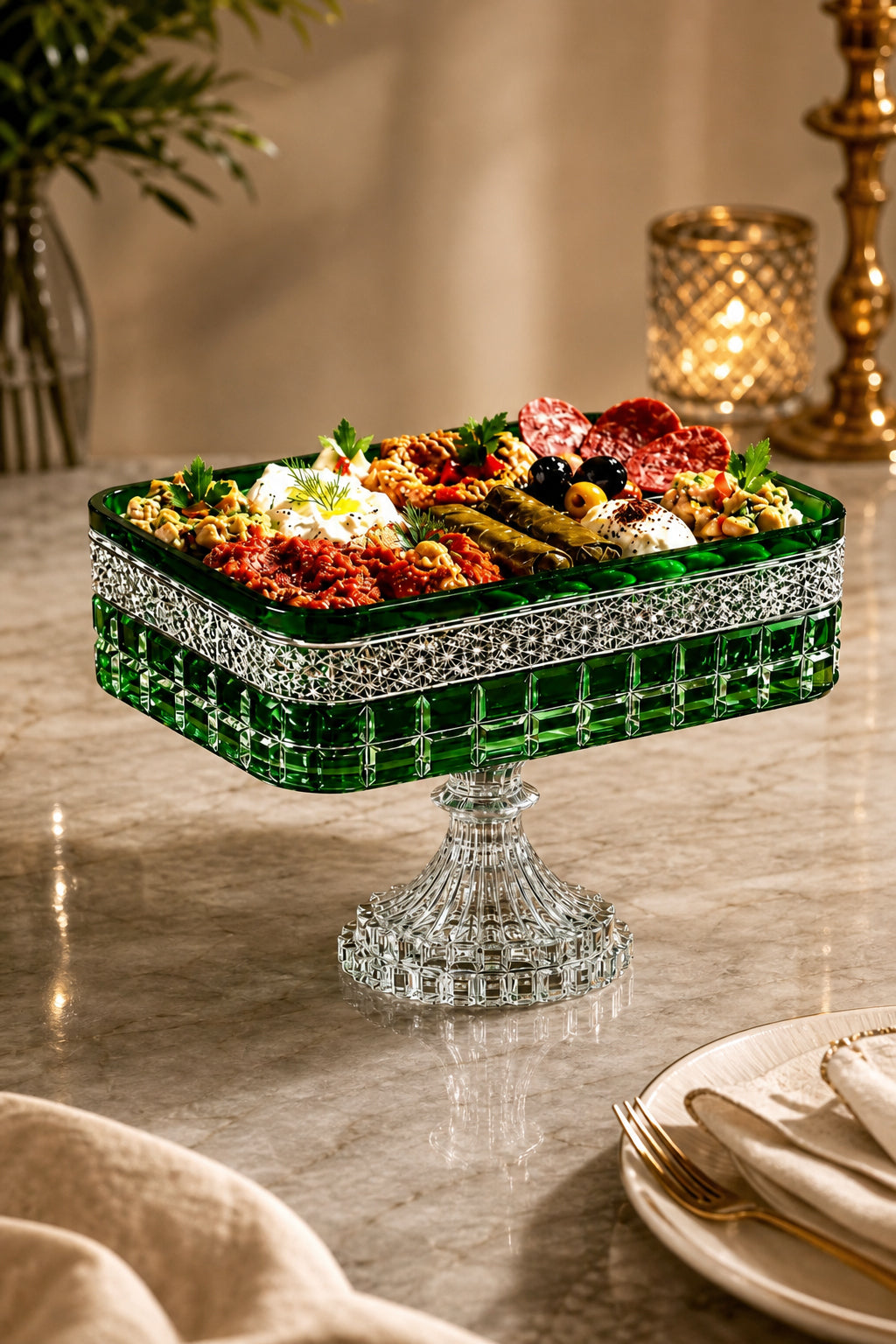 Kesme Kristal Baton Sunum Kasesi 12x24 cm - Cleopatra Desen Dekoratif Sofra Kasesi, 1 Adet
