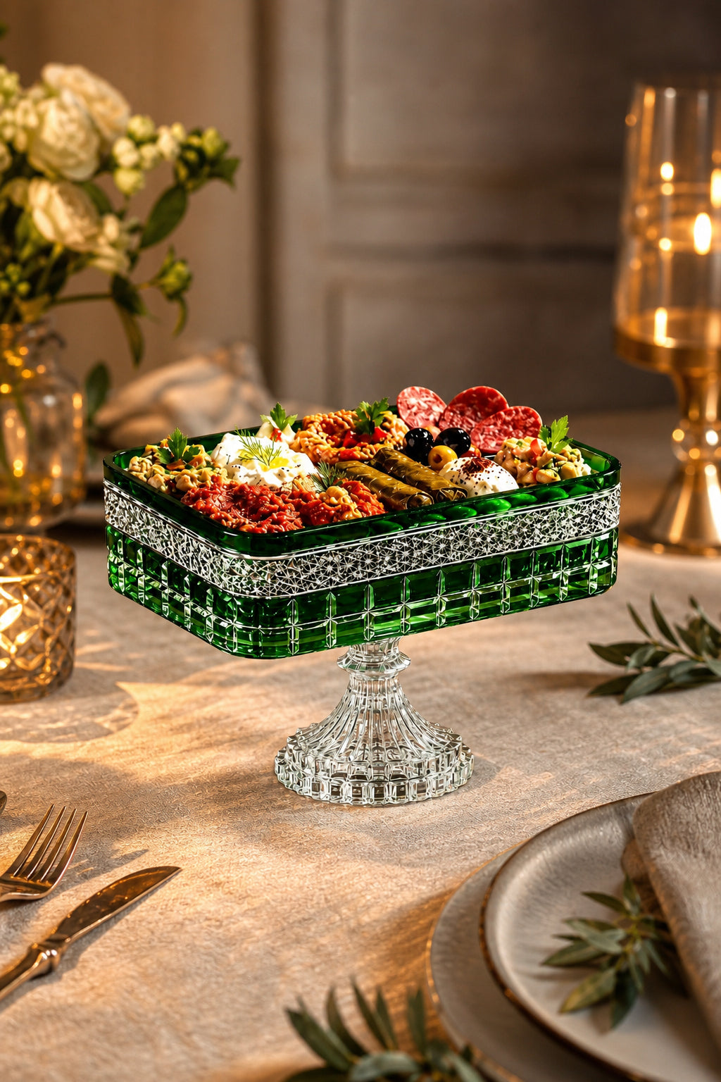 Kesme Kristal Baton Sunum Kasesi 12x24 cm - Cleopatra Desen Dekoratif Sofra Kasesi, 1 Adet