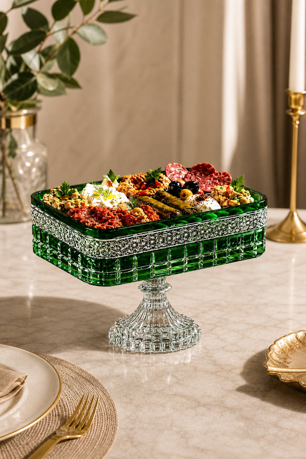 Kesme Kristal Baton Sunum Kasesi 12x24 cm - Cleopatra Desen Dekoratif Sofra Kasesi, 1 Adet