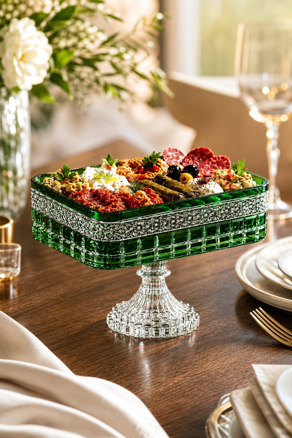 Kesme Kristal Baton Sunum Kasesi 12x24 cm - Cleopatra Desen Dekoratif Sofra Kasesi, 1 Adet