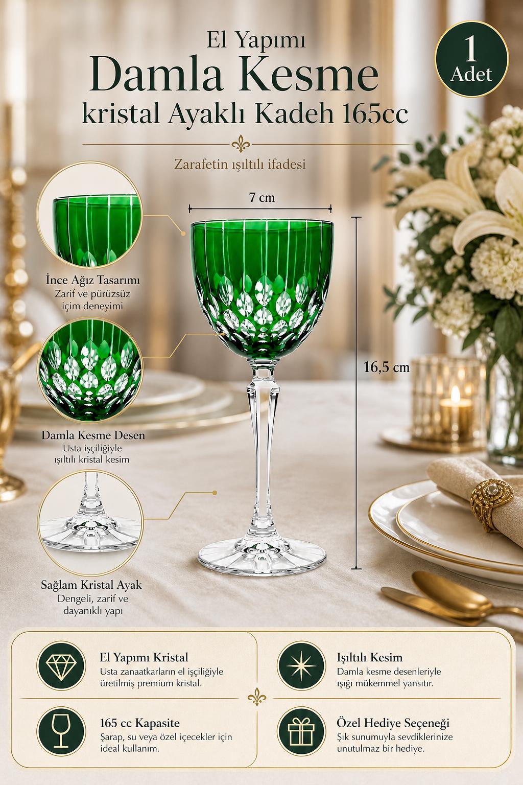 Kesme Kristal Ayaklı Kadeh 165 cc - Damla Desen Lüks Kadeh, 1 Adet