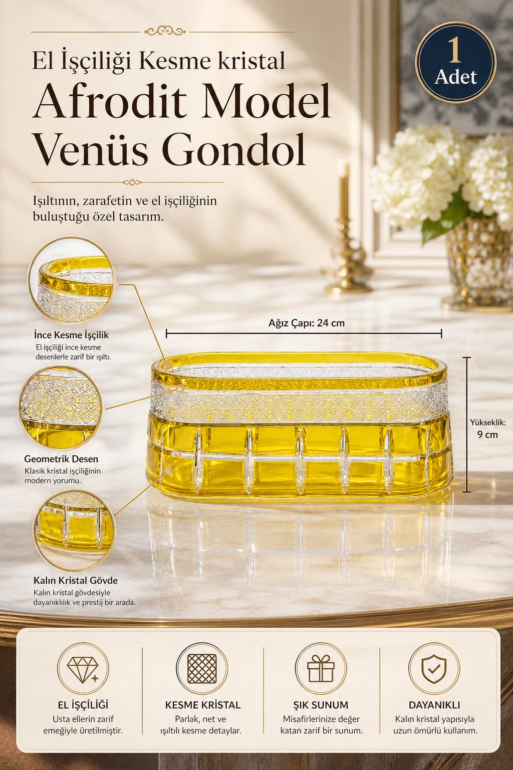 Kesme Kristal Gondol - Afrodit Model Venüs Dekoratif Sunumluk, 1 Adet