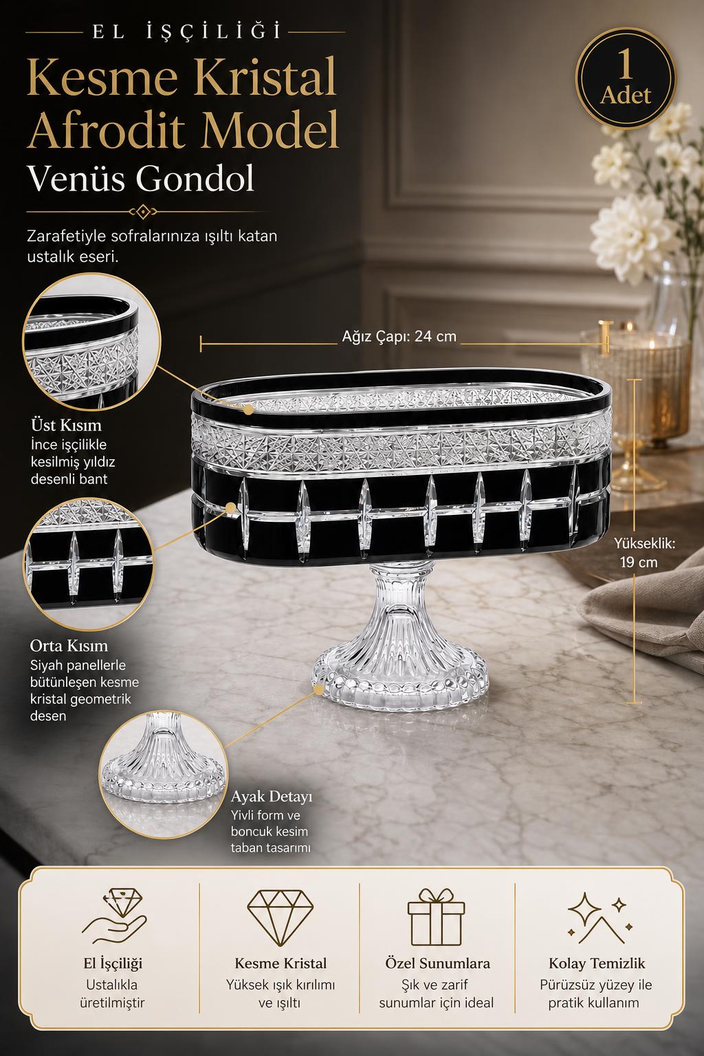 Kesme Kristal Gondol - Afrodit Model Venüs Dekoratif Sunumluk, 1 Adet