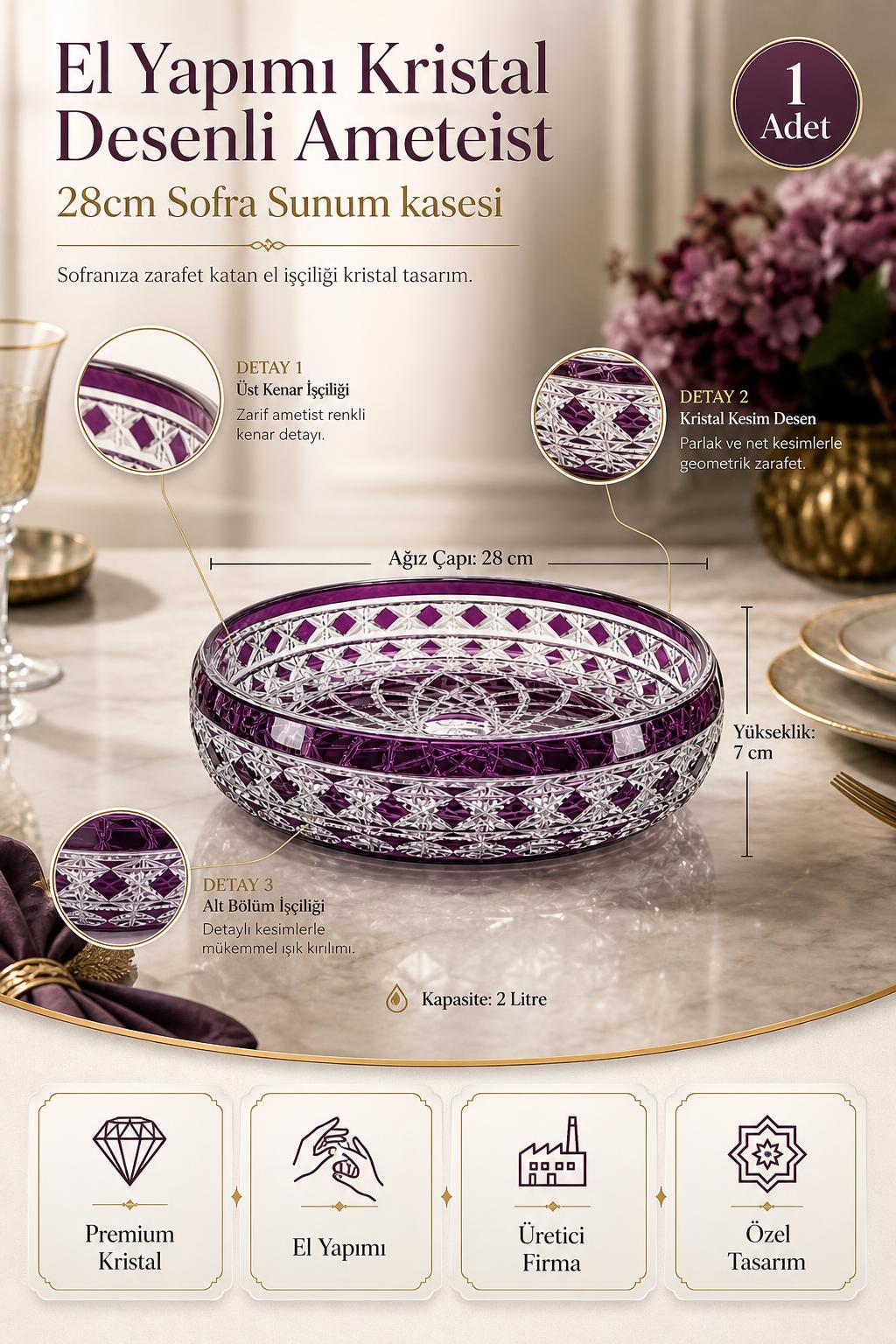 Kristal Sunum Kasesi 28 cm - Ametist Desenli Dekoratif Sofra Kasesi, 1 Adet