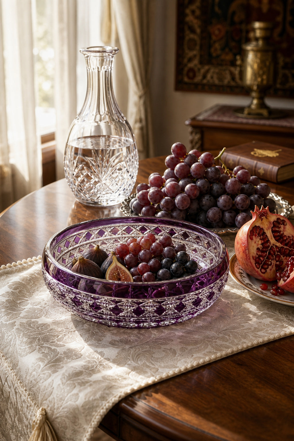 Kristal Sunum Kasesi 28 cm - Ametist Desenli Dekoratif Sofra Kasesi, 1 Adet