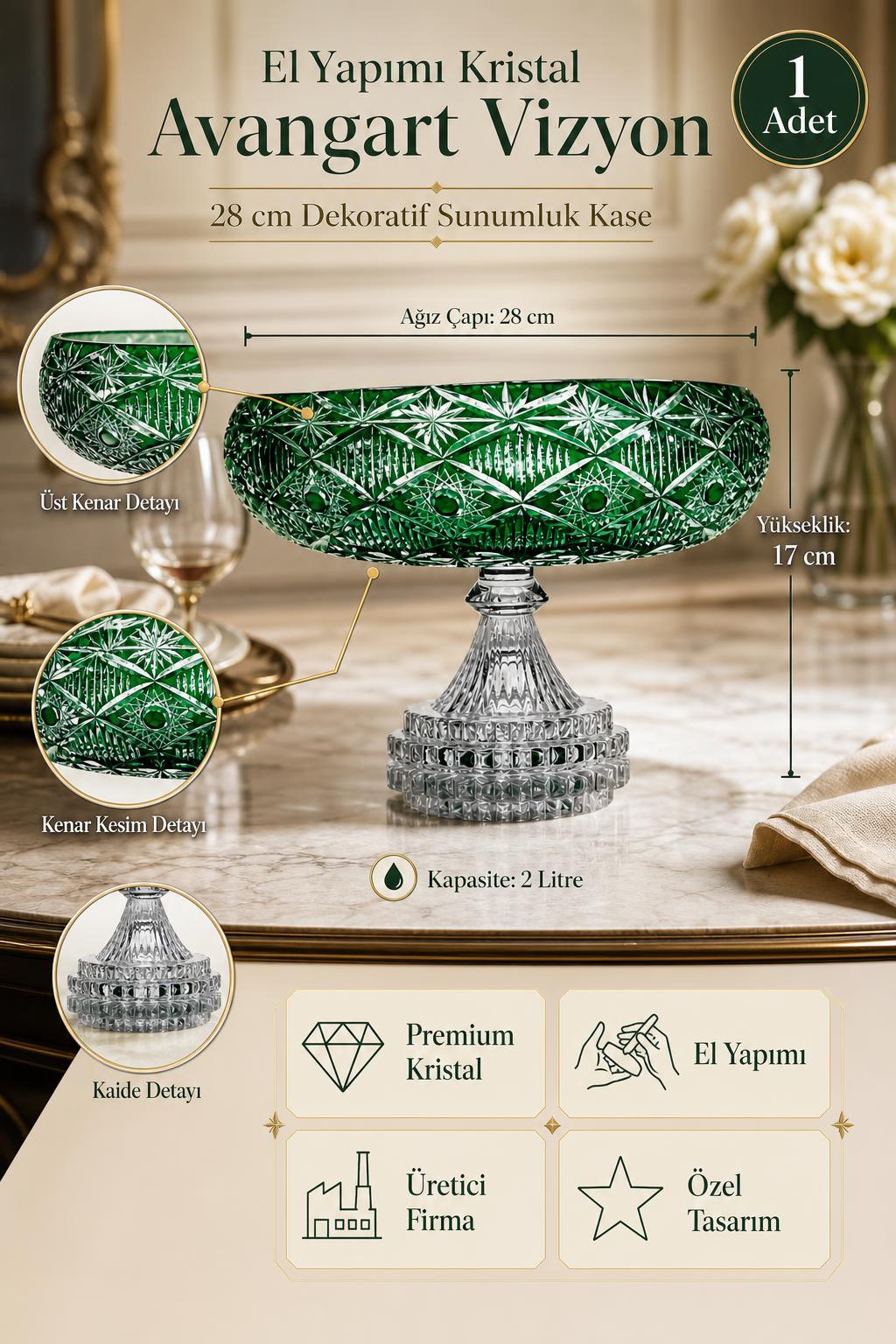 Kristal Sunumluk Kase 28 cm - Avangart Vizyon Dekoratif Sofra Kasesi, 1 Adet