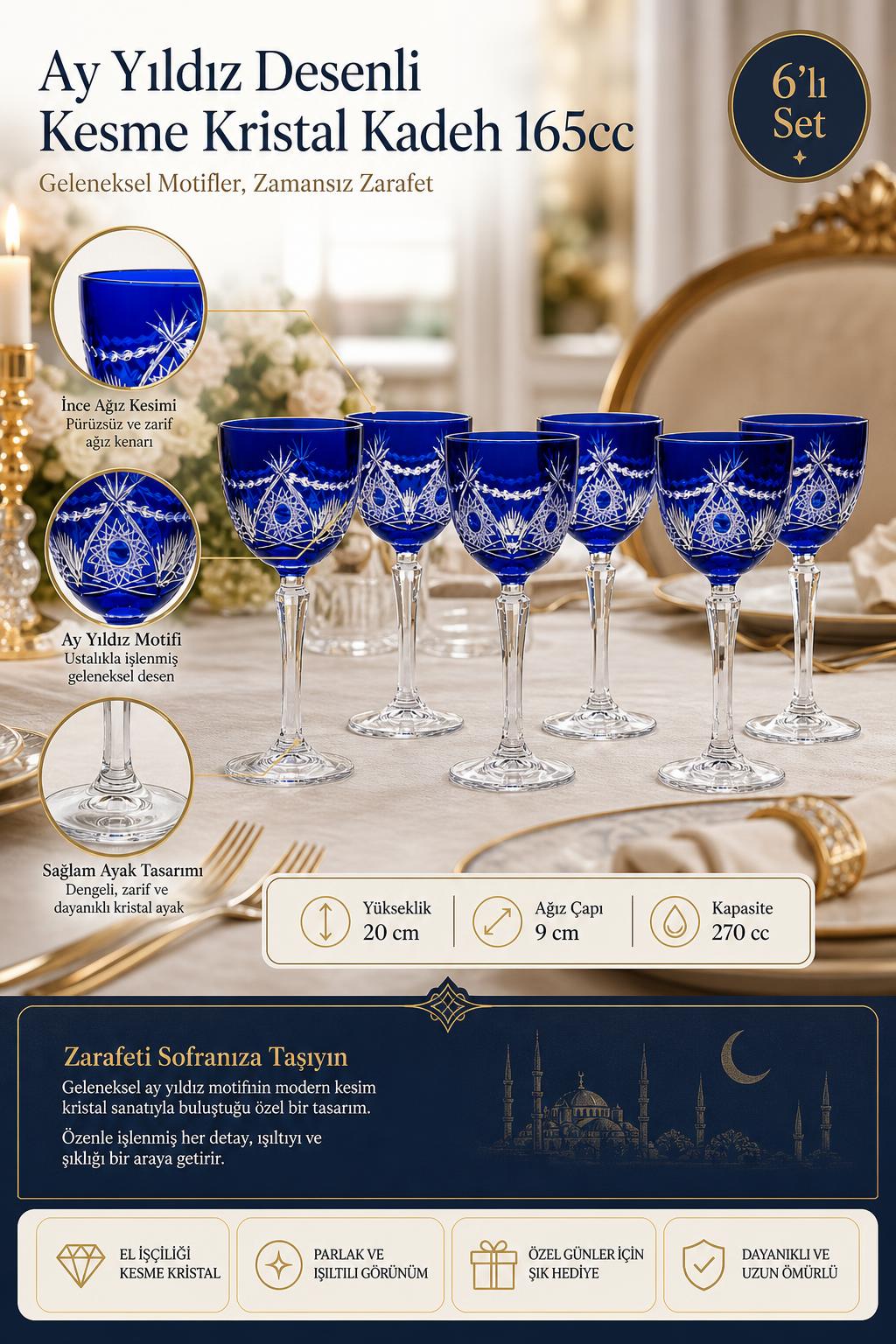 Kesme Kristal Kadeh 165 cc - Ay Yıldız Desenli, 6 Adet