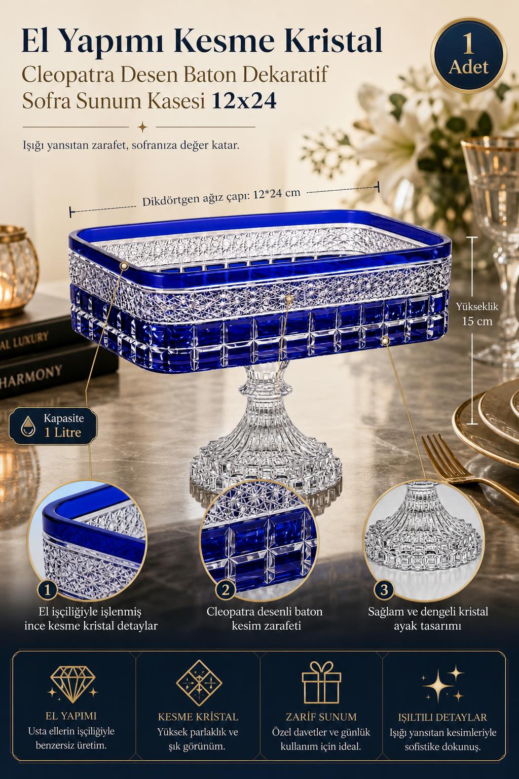 Kesme Kristal Baton Sunum Kasesi 12x24 cm - Cleopatra Desen Dekoratif Sofra Kasesi, 1 Adet