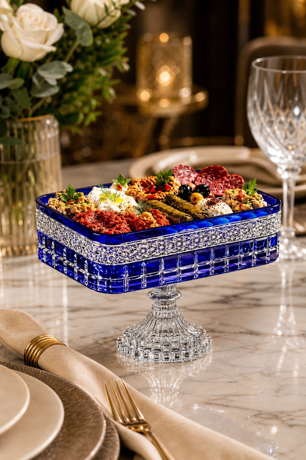 Kesme Kristal Baton Sunum Kasesi 12x24 cm - Cleopatra Desen Dekoratif Sofra Kasesi, 1 Adet