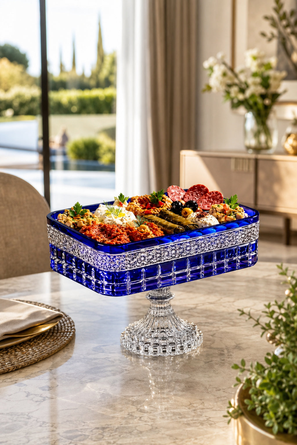 Kesme Kristal Baton Sunum Kasesi 12x24 cm - Cleopatra Desen Dekoratif Sofra Kasesi, 1 Adet