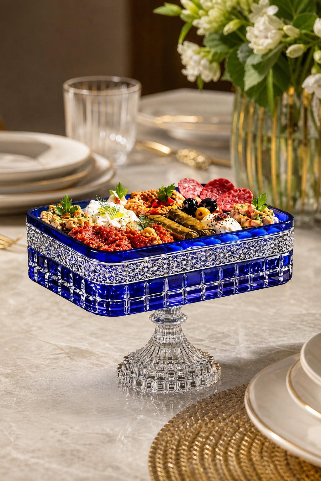 Kesme Kristal Baton Sunum Kasesi 12x24 cm - Cleopatra Desen Dekoratif Sofra Kasesi, 1 Adet