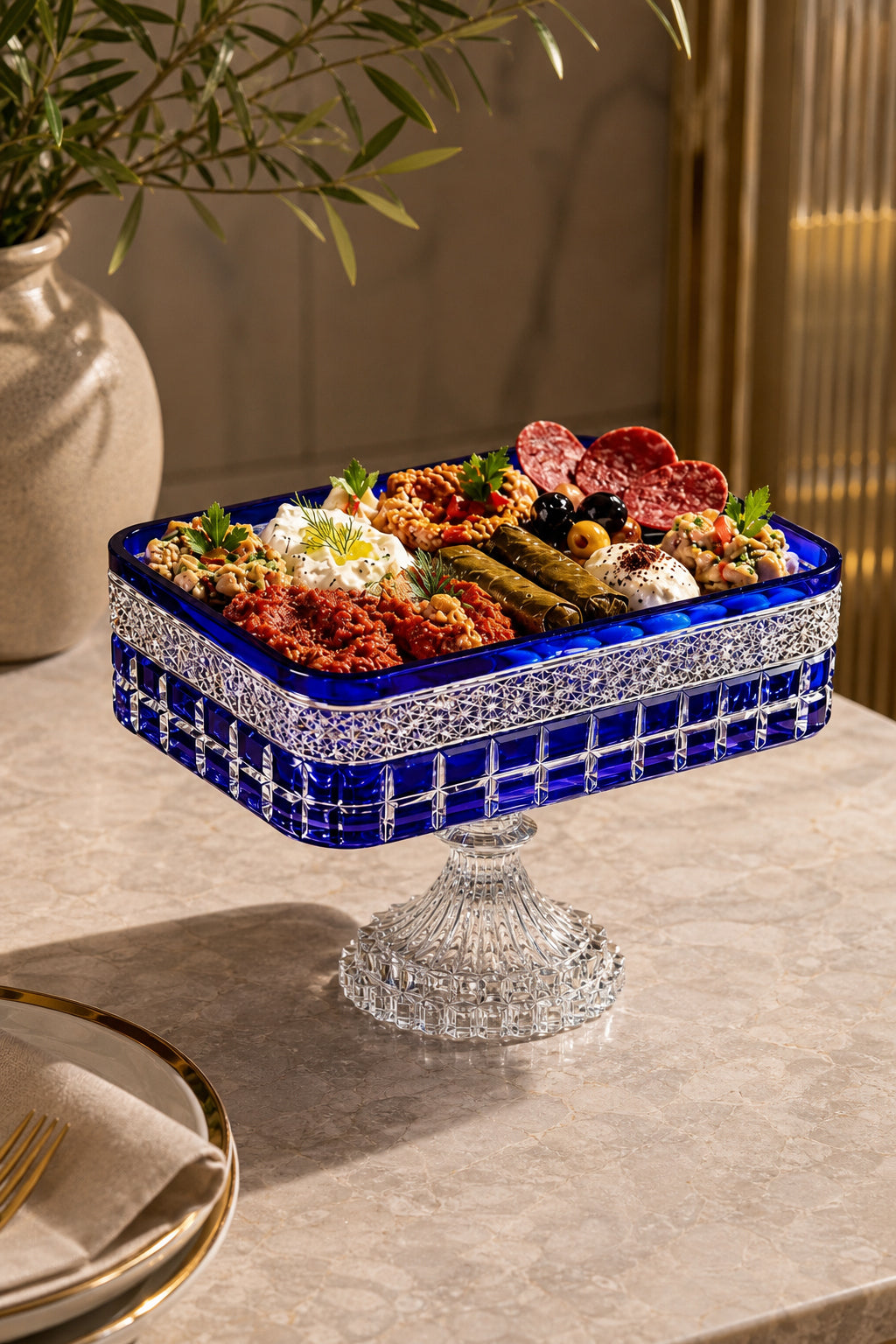Kesme Kristal Baton Sunum Kasesi 12x24 cm - Cleopatra Desen Dekoratif Sofra Kasesi, 1 Adet