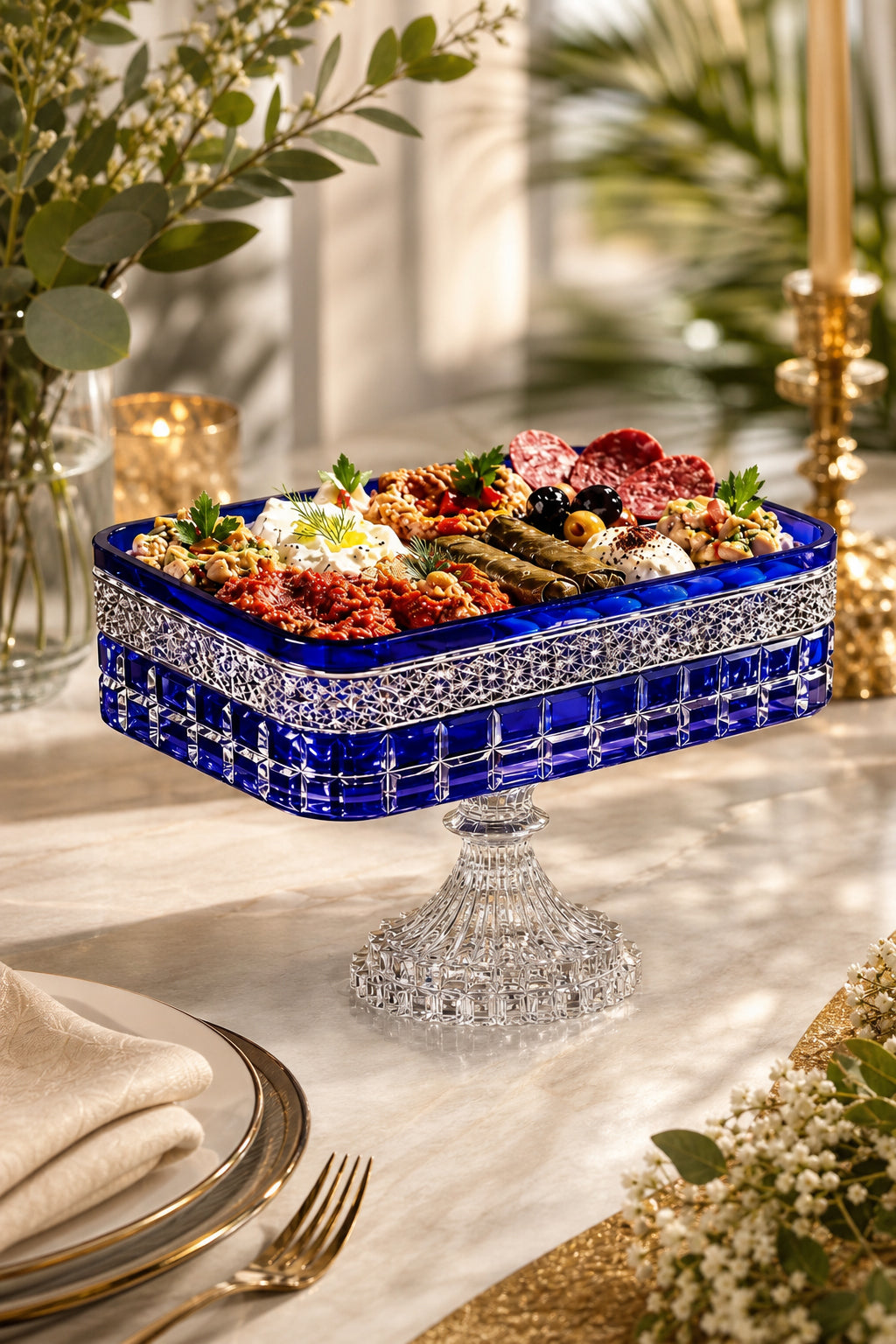 Kesme Kristal Baton Sunum Kasesi 12x24 cm - Cleopatra Desen Dekoratif Sofra Kasesi, 1 Adet