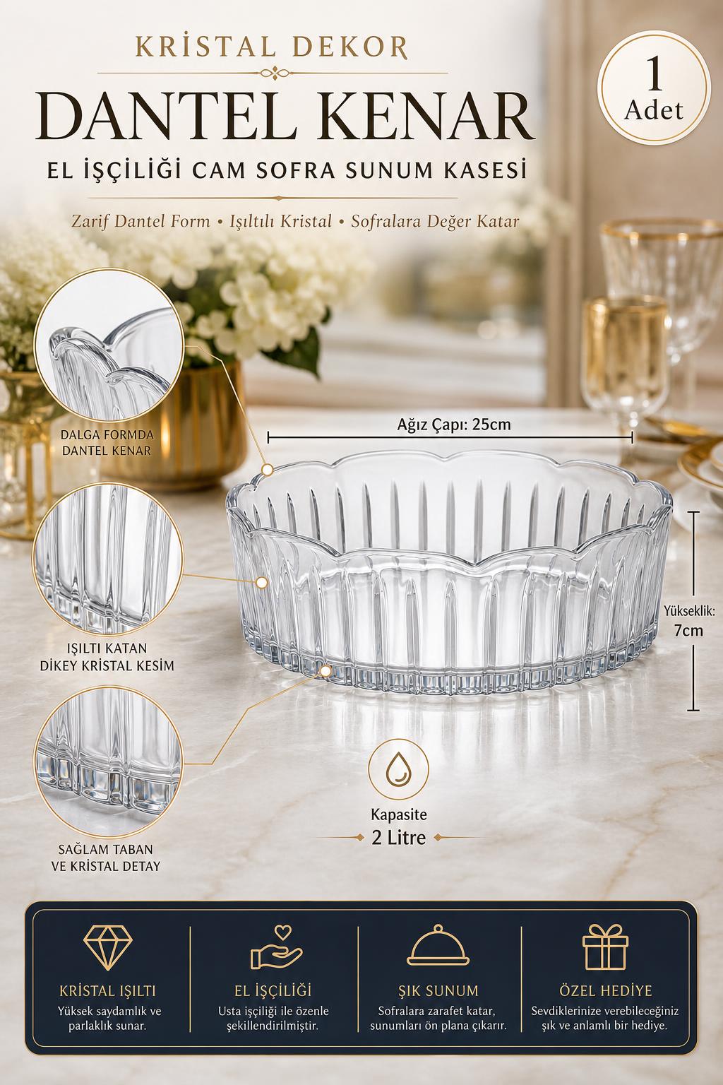 Kristal Sofra Sunum Kasesi - Dantel Kenar Dekoratif Cam Kase, 1 Adet