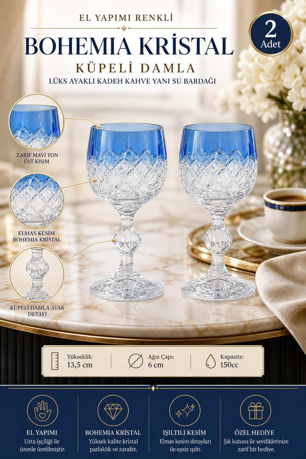 Bohemia Renkli Kristal Ayaklı Kadeh 150 ml - Küpeli Damla Kahve Yanı Su Bardağı, 2 Adet