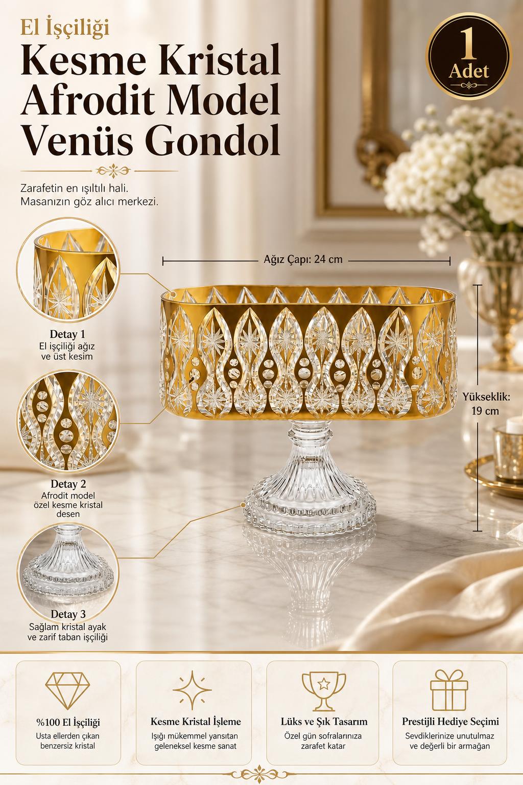 Kesme Kristal Gondol - Afrodit Model Venüs Dekoratif Sunumluk, 1 Adet